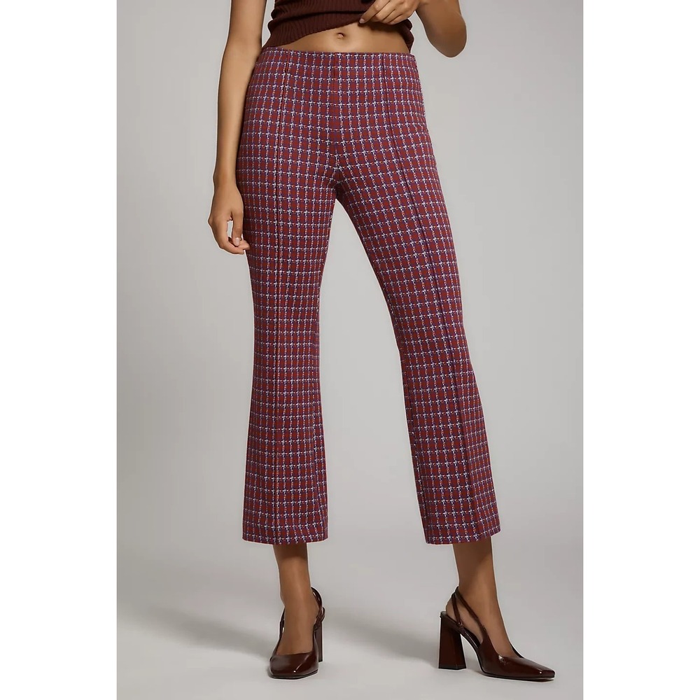 Anthro Maeve Margot Pant Womens XLT Red Plaid Kick-Flare Cropped Stretch Pull On